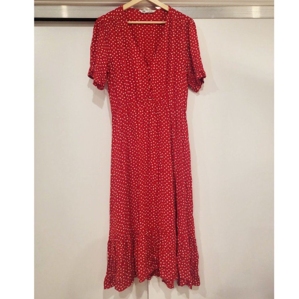 Zara Red/White Maxi Polka Dot Dress with Buttons
